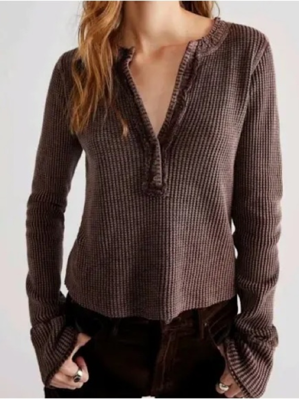 Free People FP One Colt Waffle
Knit Thermal Henley Top Brown